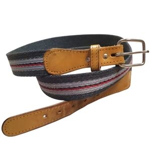 Canvas And Leather Belt. Gray, Red, & Tan. Silver Hardware. 40". Preppy Classic